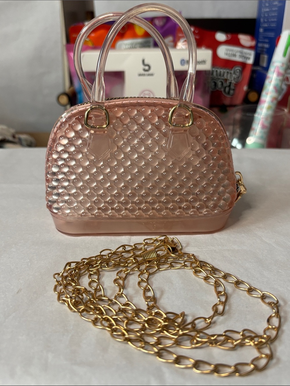 Transparent Pink Bubble-Texture Mini Satchel with Gold Chain